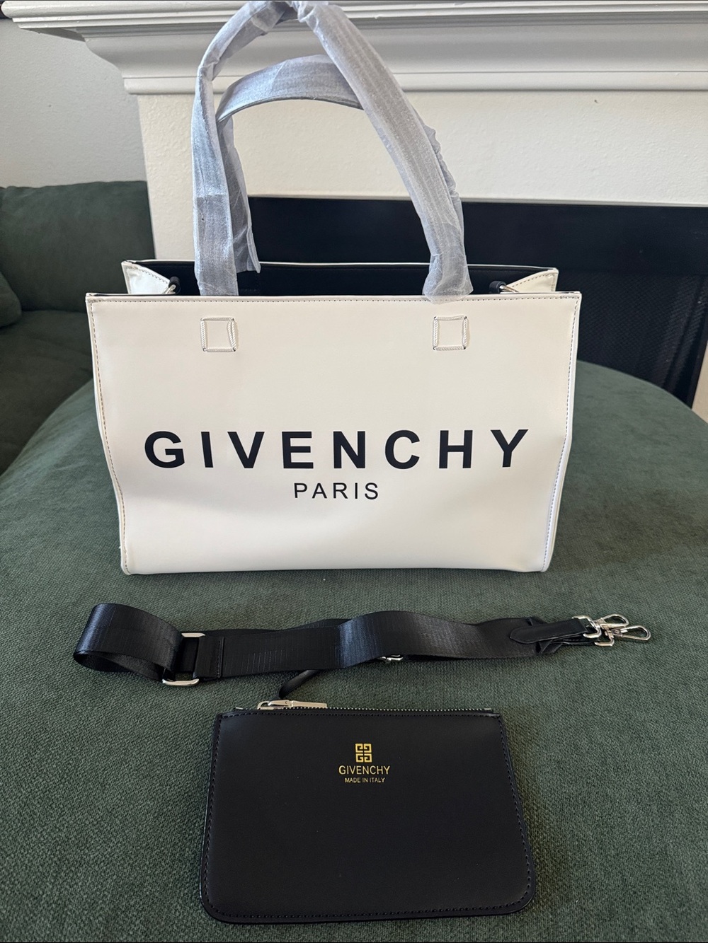 Givenchy White Leather Tote with Black Logo and Pouch